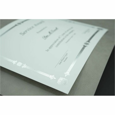 St. James® Certificate - 65 lb (29483.50 g) Basis Weight - "Service Award" - White with Silver Border - 15 / Pack  SILVER FOIL ON LINEN PAPER JULIAN STYLE - 15/PK