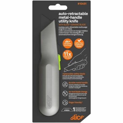 Slice - Couteau utilitaire auto-rétractable, boîte de 6 - hauteur de 1,07 po (27,18 mm) x largeur de 1,50 po (38,10 mm) x longueur de 6,69 po (169,93 mm) - Résistants, Design ergonomique, Confortable, Lame rétractable, Manche, Compartiment de rangement, Ambidextre, Durable, Non- POIGNéE EN MéTAL 