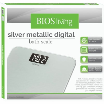 BIOS Living Silver Metallic Digital Scale - 396 lb (179622.58 g) / 396.83 lb (180000 g) Maximum Weight Capacity - Metallic Silver 5 YR WARRANTY  METALLIC TEMPERED GLASS SURFACE