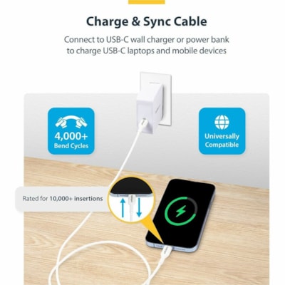 StarTech.com 3ft (0.9m) White USB-C Charging Cable, USB 2.0 Type-C Laptop Charger Cord, 60W Power Delivery, TPE Jacket, Data Transfer Cable - USB-C Charging Cable supports 60W/3A Power Delivery and 480Mbps; Fast Charge from a USB-C wall charger/power bank; Works w/USB-C laptops/tablets; Color: White  PWR 