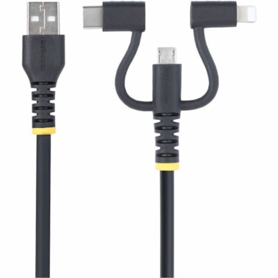 StarTech.com 3.3ft (1m) Rugged USB Multi Charging Cable, USB to Lightning/Micro-USB/Type-C, Apple MFi, Aramid Jacket, 3-in-1 Charger Cord - 3-in-1 Rugged USB Cable compatible w/portable devices; Apple MFi Certified Lightning; Supports USB-C and Micro-USB; Rugged cable design w/Aramid fiber; Flexible  MULTI CHARGING CABLE  USB TO LIGHTNING/MICRO-USB/