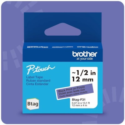 Brother P-touch BTAG-F31 Black on Purple Label Tape - x 15/32" (12 mm) Width x 13 1/8 ft (4 m) Length - Purple - Water Resistant - Temperature Resistant, Fade Resistant, Dishwasher Safe, Freezer Safe, Microwave Safe, Easy Peel, Removable, Household Liquid Resistant - 1 Each 12 MM NON-LAMINATED TAPE 