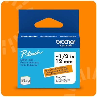 Brother P-touch BTAG-T31 Black on Orange Label Tape - x 15/32" (12 mm) Width x 13 1/8 ft (4 m) Length - Orange - Water Resistant - Temperature Resistant, Fade Resistant, Dishwasher Safe, Freezer Safe, Microwave Safe, Easy Peel, Removable, Household Liquid Resistant - 1 Each 12 MM NON-LAMINATED TAPE 