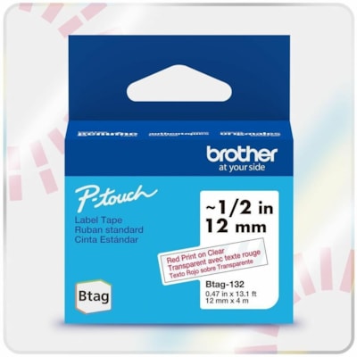 Brother P-touch BTAG-132 Red on Clear Label Tape - x 15/32" (12 mm) Width x 13 1/8 ft (4 m) Length - Clear - Water Resistant - Temperature Resistant, Fade Resistant, Dishwasher Safe, Freezer Safe, Microwave Safe, Easy Peel, Removable, Household Liquid Resistant - 1 Each 12 MM NON-LAMINATED TAPE 