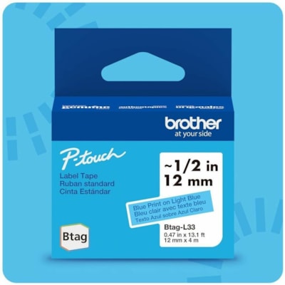 Brother P-touch BTAG-L33 Blue on Light Blue Label Tape - x 15/32" (12 mm) Width x 13 1/8 ft (4 m) Length - Light Blue - Water Resistant - Temperature Resistant, Fade Resistant, Dishwasher Safe, Freezer Safe, Microwave Safe, Easy Peel, Removable, Household Liquid Resistant - 1 Each 12 MM NON-LAMINATED TAPE 