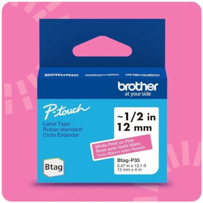 Brother P-touch BTAG-P35 White on Pink Label Tape - x 15/32" (12 mm) Width x 13 1/8 ft (4 m) Length - Pink - Water Resistant - Temperature Resistant, Fade Resistant, Dishwasher Safe, Freezer Safe, Microwave Safe, Easy Peel, Removable, Household Liquid Resistant - 1 Each 12 MM NON-LAMINATED TAPE 