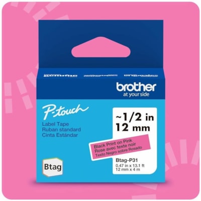 Brother P-touch BTAG-P31 Black on Pink Label Tape - x 15/32" (12 mm) Width x 13 1/8 ft (4 m) Length - Black on Pink - Water Resistant - Temperature Resistant, Fade Resistant, Dishwasher Safe, Freezer Safe, Microwave Safe, Easy Peel, Removable, Household Liquid Resistant - 1 Each 12 MM NON-LAMINATED TAPE 