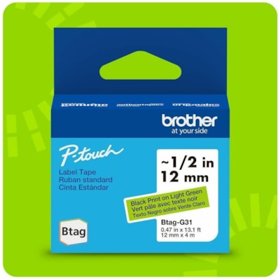Brother P-touch BTAG-G31 Black on Light Green Label Tape - x 15/32" (12 mm) Width x 13 1/8 ft (4 m) Length - Light Green - Water Resistant - Temperature Resistant, Fade Resistant, Dishwasher Safe, Freezer Safe, Microwave Safe, Easy Peel, Removable, Household Liquid Resistant - 1 Each 12 MM NON-LAMINATED TAPE 