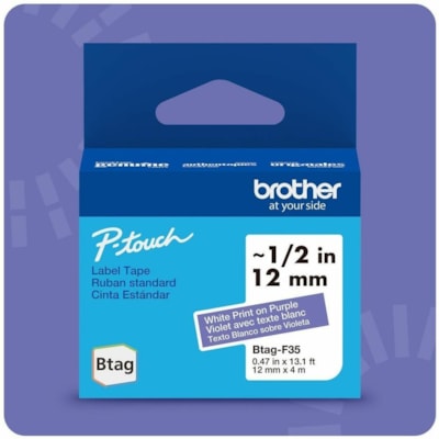 Brother P-touch BTAG-F35 White on Purple Label Tape - x 15/32" (12 mm) Width x 13 1/8 ft (4 m) Length - Purple - Water Resistant - Temperature Resistant, Fade Resistant, Dishwasher Safe, Freezer Safe, Microwave Safe, Easy Peel, Removable, Household Liquid Resistant - 1 Each 12 MM NON-LAMINATED TAPE 