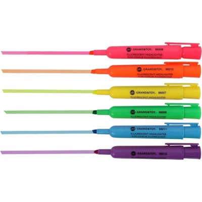 Grand & Toy Fluorescent Highlighters, Assorted Colours, Chisel Tip, 6/PK - Chisel Pen Point - Chisel Marker Point - Fluorescent Assorted Ink - Assorted Barrel - 6 / Pack YEL PNK GRN ORG BLU AND VIOLET CHISEL TIP
