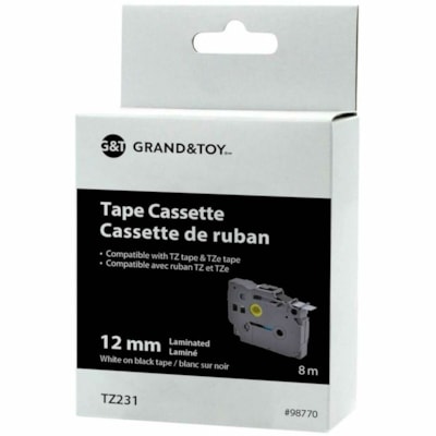 Grand & Toy - Cassette de ruban pour étiquettes TZe - largeur de 15/32 po (12 mm) x longueur de 26 1/4 pi (8 m) - Standard Adhésif - Transfert thermique - Noir sur blanc - Décollage facile - 1 chaque  