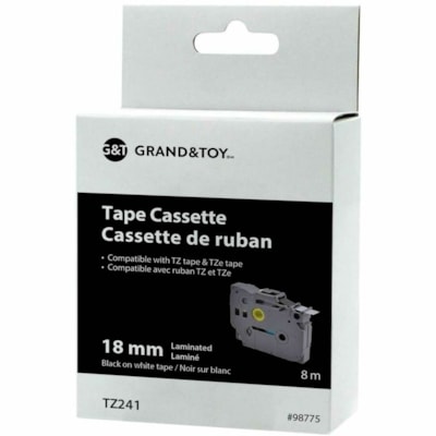 Grand & Toy - Ruban d'étiquettes TZe - largeur de 45/64 po (18 mm) x longueur de 26 1/4 pi (8 m) - Standard Adhésif - Transfert thermique - Noir sur blanc - Support adhésif, Décollage facile  