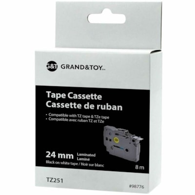 Grand & Toy - Ruban d'étiquettes TZe - x largeur de 15/16 po (24 mm) x longueur de 26 1/4 pi (8 m) - Ruban adhésif - Standard Adhésif - Transfert thermique - Noir sur blanc - Laminées - Décollage facile - 1 chaque  