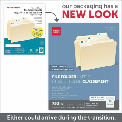 Office Depot Permanent File Folder Labels, Rectangle, 2/3" x 3 7/16" , White, Pack Of 750 - 2/3" (16.92 mm) Height x 3 7/16" (87.38 mm) Width - Rectangle - Inkjet, Laser - White - Self-adhesive - 30 / Sheet - 750 / Pack  