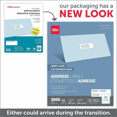 Office Depot Inkjet/Laser Address Labels, Rectangle, 1" x 2 5/8" , White, Pack Of 3,000 - 1" Height x 2 5/8" Width x 1" Length - Permanent Adhesive - Rectangle - Inkjet, Laser - White - Paper - 30 / Sheet - 3000 / Box - Jam Resistant, Smudge Resistant  