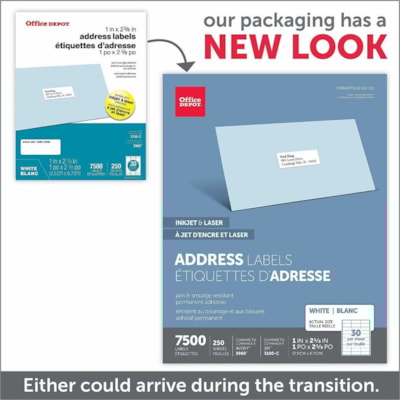 Office Depot Inkjet/Laser Address Labels, Rectangle, 1" x 2 5/8" , White, Pack Of 7,500 - 1" Height x 2 5/8" Width x 1" Length - Permanent Adhesive - Rectangle - Inkjet, Laser - White - Paper - 30 / Sheet - 7500 / Box - Jam Resistant, Smudge Resistant  