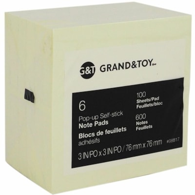 Grand & Toy 3" x 3" Pop-Up Sticky Notes, Yellow, 100 Sheets/Pad, 6 Pads/PK - 3" (76.20 mm) Flag/Note Width x 3" (76.20 mm) Flag/Note Length - Square - 100 Sheets per Pad - Yellow - Sticky, Pop-up, Removable, Residue-free, Repositionable, Self-adhesive - 6 / Pack 100 SHEETS/PAD 6PK 6 PADS/PACK