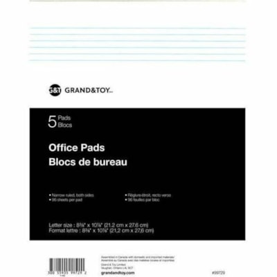 Grand & Toy Economy Letter-Size Pads, White with Narrow Rule, 8 1/2" x 11" , Pack of 5 - 96 Sheets - Both Side Ruling Surface - Narrow Ruled Margin - Letter - 8" (203.20 mm) x 11" (279.40 mm) Sheet Size - White Paper - 5 / Pack BOTH SIDES 96 SHEETS ECONOMY