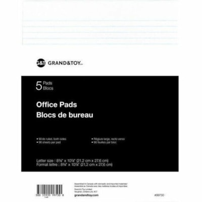 Bloc d'écriture Grand & Toy - 96 Feuilles - Margin Reglure large - format lettre - format 8 po (203,20 mm) x 11 po (279,40 mm) - Paper Blanc - 5 / emballage 5/16" RECTO-VERSO  96 FEUILLES PAR BLOC  ÉCONOMIQUE