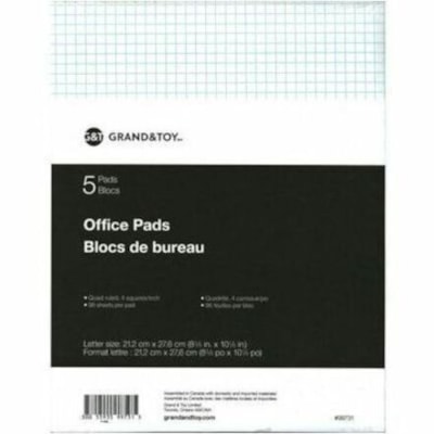 Grand & Toy Economy Letter-Size Pads, White with Quad Rule (4 sq), 8 1/2" x 11" , Pack of 5 - 96 Sheets - Ruled Margin - Letter - 8" (203.20 mm) x 11" (279.40 mm) Sheet Size - White Paper - 5 / Pack 96 SHEETS ECONOMY 