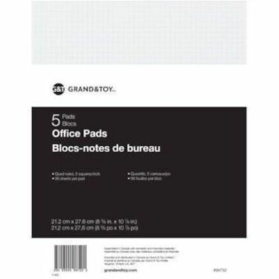 Grand & Toy Economy Letter-Size Pads, White with Quad Rule (5 sq), 8 1/2" x 11" , Pack of 5 - 96 Sheets - Quad Ruled Front Ruling - Letter - 8 1/2" (215.90 mm) x 11" (279.40 mm) Sheet Size - White Paper - 5 / Pack 96 SHEETS ECONOMY 