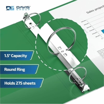 Davis Group - Reliure à anneaux Essential - format lettre - format 8 1/2 po (215,90 mm) x 11 po (279,40 mm) - 275 Capacité en feuilles - 3 x 1,50 po (38,10 mm) Ring(s) - Fastener(s) : Anneau rond - Pocket(s) : 2, À l'intérieur avant et arrière - Polypropylène - Vert   