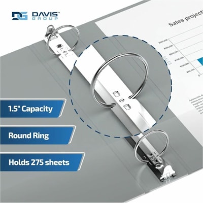 Davis - Reliure à anneaux Essential - format lettre - format 8 1/2 po (215,90 mm) x 11 po (279,40 mm) - 275 Capacité en feuilles - 3 x 1,50 po (38,10 mm) Ring(s) - Fastener(s) : Anneau rond - Pocket(s) : 2, À l'intérieur avant et arrière - Polypropylène - Gris - 6,25  
