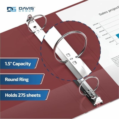 Davis Group - Reliure à anneaux Essential - format lettre - format 8 1/2 po (215,90 mm) x 11 po (279,40 mm) - 275 Capacité en feuilles - 3 x 1,50 po (38,10 mm) Ring(s) - Fastener(s) : Anneau rond - Pocket(s) : 2, À l'intérieur avant et arrière - Polypropylène - Bourg y 