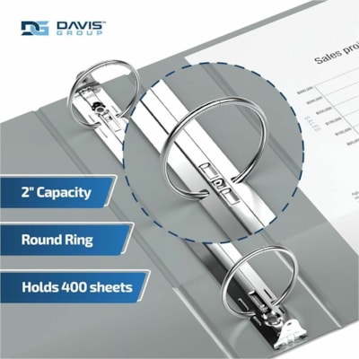 Davis Group - Reliure à anneaux Essential - format lettre - format 8 1/2 po (215,90 mm) x 11 po (279,40 mm) - 400 Capacité en feuilles - 3 x 2 po (50,80 mm) Ring(s) - Fastener(s) : Anneau rond - Pocket(s) : 2, À l'intérieur avant et arrière - Polypropylène - Gris - 7  