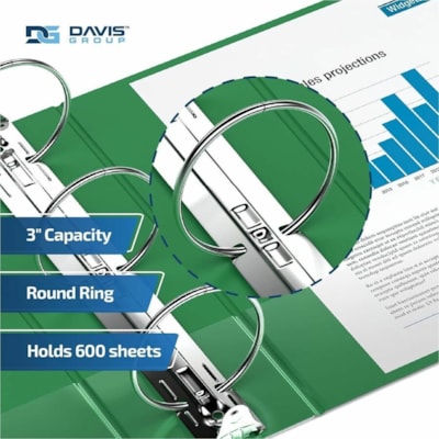 Davis Essential Ring Binder - Letter - 8 1/2" (215.90 mm) x 11" (279.40 mm) Sheet Size - 3 x 3" (76.20 mm) Ring(s) - Fastener(s): Round Ring - Pocket(s): 2, Inside Front & Back - Polypropylene, Board - Green - Recycled - Spine Label, Label Holder, PVC-free, Durable - 6 / Pack  