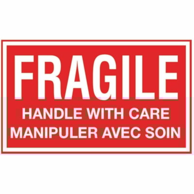 EDGE Shipping Label - Fragile - Handle with Care - x 3" (76.20 mm) Width x 5" (127 mm) Length - Roll - Permanent Adhesive - Rectangle - Red - Paper - Self-adhesive, Bilingual, Pre-printed, Peel & Stick, Strong, Peeling Resistant, Easy Peel - 500 / Roll - 1 3"X5" WHITE ON RED BI-LINGUAL 500 LABELS PER ROLL