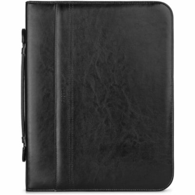 bugatti Ring Binder - Letter - 8 1/2" (215.90 mm) x 11" (279.40 mm) Sheet Size - 2" (50.80 mm) Ring(s) - Fastener(s): D-Ring - Pocket(s): Internal, Front - Synthetic Leather, Vegan Leather - Black - Write-on, Calculator, Handle, Pen Loop, Zipper Closure, Notepad, Tablet Pocket, Card Pocket - 1 Unit BLACK  VEGAN LEATHER FITS MOST 13" TABLET