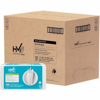 Cascades Highmark ECO Napkins,11-1/2"x12-1/2" , 100% Recycled, White, Pack of 500 - 11.50" (292.10 mm) Width x 12.50" (317.50 mm) Length - White - Fiber, Paper - 500 / Pack 1-PLY 70% RECYCLED 11.5"X12.5" WHITE