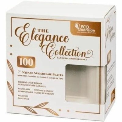 Eco Guardian 7" Sqr Fibr Plate 100/PK - Food, Breakroom - 7" (177.80 mm) Diameter - Fiber Body - Square - 100 / Pack GOLD RIM  COMPOSTABLE BAGASSE CLUB PACK