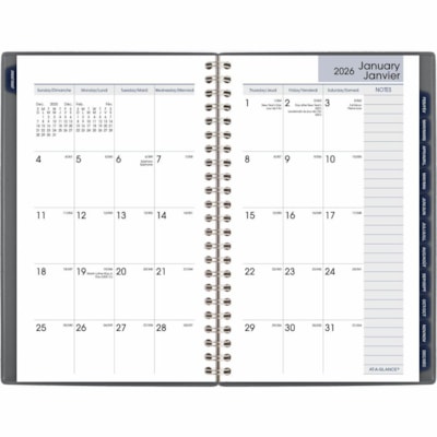 At-A-Glance 2026 Traditional Weekly/Monthly Planner - 8" H x 5" W - Grey - Bilingual - Weekly, Monthly - 12 Month - January 2026 to December 2026 - 1 Week, 1 Month Double Page Layout - 5" (127 mm) x 8" (203.20 mm) Sheet Size - Spiral Bound - Paper - Dark Gray Polypropylene, Poly Cover - Monthly Tab, 12 MONTHS (JANUARY-DECEMBER) BILINGUAL
