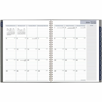 At-A-Glance 2026 Traditional Weekly/Monthly Planner - 11" H x 8-1/2" W - Grey - Bilingual - Weekly, Monthly - 12 Month - January 2026 to December 2026 - Quarter-hourly - 1 Week, 1 Month Double Page Layout - Letter - 8 1/2" (215.90 mm) x 11" (279.40 mm) Sheet Size - Spiral Bound - Paper - Dark Gray P 12 MONTHS (JANUARY-DECEMBER) BILINGUAL