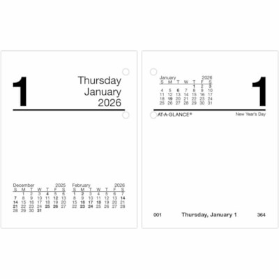 At-A-Glance 2026 Daily Desk Calendar Refill 2-Pages/Day - 3-3/4" H x 3" W - English - Daily - 12 Month - January 2026 to December 2026 - 1 Day Double Page Layout - 3" (76.20 mm) x 3 3/4" (95.25 mm) Sheet Size - Desk - Red - Paper - Event Planning Sheet, Task List, Appointment Schedule, Reference Mon RECYCLED AT-A GLANCE FITS BASE E19  30% PCW