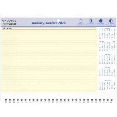 At-A-Glance 2026 QuickNotes Monthly Wall/Desk Calendar - 8" H x 11" W - Bilingual - Monthly - 12 Month - January 2026 to December 2026 - 11" (279.40 mm) x 8" (203.20 mm) Sheet Size - 3 x Holes - 1.25" (31.75 mm) x 1.25" (31.75 mm) Block - Wire Bound - Desk - Wall Mount - Blue - Paper - Bleed Resista 11X8 3 HOLE PUNCH WIREBOUND BILINGUAL CALENDAR