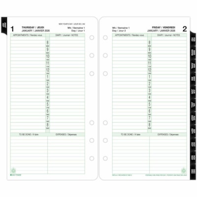 Day-Timer 2026 Dated Refill 1-Page/Day Portable - 6-3/4" H x 3-3/4" W - Bilingual - Daily - 12 Month - January 2026 to December 2026 - 8:00 AM to 8:00 PM - Hourly - 1 Day Single Page Layout - 3 3/4" (95.25 mm) x 6 3/4" (171.45 mm) Sheet Size - Green - Paper Cover - Event Planning Sheet, Task List, A 1PPD 3.75X6.75 BILINGUAL 30% PCW