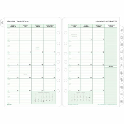 Day-Timer 2026 Dated Refill 2-Pages/Month Desk - 8-1/2" H x 5-1/2" W - Bilingual - Desk - Monthly - 12 Month - January 2026 to December 2026 - 1 Month Double Page Layout - 5 1/2" (139.70 mm) x 8 1/2" (215.90 mm) Sheet Size - 7 x Holes - Green - Paper - Paper Cover - Tabbed, Reference Month, To-do Li 5.5X8.5 BILLINGUAL 30% PCW