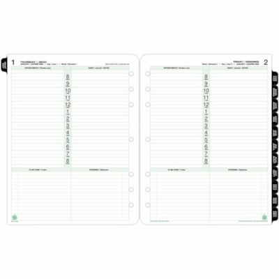 Day-Timer 2026 Dated Refill 1-Page/Day Folio - 11" H x 8-1/2" W - Bilingual - Folio - Daily - 12 Month - January 2026 to December 2026 - 8:00 AM to 8:00 PM - Hourly - 1 Day Single Page Layout - Letter - 8 1/2" (215.90 mm) x 11" (279.40 mm) Sheet Size - Green - Paper Cover - Event Planning Sheet, Tas 8-1/2X11 30% PCW
