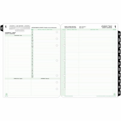 Day-Timer 2026 Dated Refill 2 Pages/Day Folio - 11" H x 8-1/2" W - Bilingual - Folio - Daily - 12 Month - January 2026 to December 2026 - 7:00 AM to 10:00 PM - Hourly - 1 Day Double Page Layout - Letter - 8 1/2" (215.90 mm) x 11" (279.40 mm) Sheet Size - Green - Paper Cover - Event Planning Sheet, T 8-1/2 X 11 30% PCW