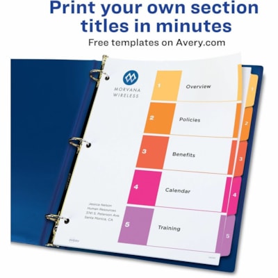 Avery® Ready Index® Table of Content Dividersfor Laser and Inkjet Printers, 5 tabs, 1 set - 5 x Divider(s) - 1-5 - 5 Tab(s)/Set - 8.50" (215.90 mm) Divider Width x 11" (279.40 mm) Divider Length - 3 Hole Punched - White Paper Divider - Multicolor Paper Tab(s) - 20% - Hole-punched, Printable, FR BINDR REINFORCD TABS&HOLES INKJET & LASER AVERY  20% PCW
