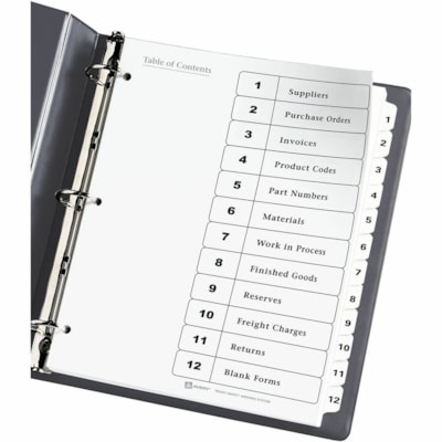 Avery® Ready Index® Table of Content Dividersfor Laser and Inkjet Printers, 12 tabs - 12 x Divider(s) - 1-12 - 12 Tab(s)/Set - 8.50" (215.90 mm) Divider Width x 11" (279.40 mm) Divider Length - 3 Hole Punched - White Paper Divider - White Paper Tab(s) - 12 / Set LASER/INK JET  BLACK & WHITE 12 TABS  1 SET/PKG