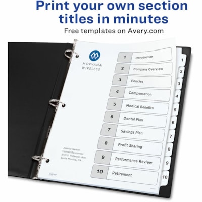 Avery® - Intercalaires Ready Index - 10 x Intercalaire(s) - 1-10 - 10 Onglet(s)/Ensemble - largeur de l'intercalaire 8,50 po (215,90 mm) x longueur de l'intercalaire 11 po (279,40 mm) - 3 TrouPerforé - Divider Blanc Papier - Tab(s) Blanc Papier - 20% Recyclé - 10 / jeu NOIR ET BLANC  10 ONGLETS NO 1 A 10  30% MATIERE POSTC