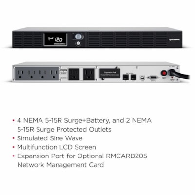 CyberPower OR1000LCDRM1U Smart App LCD UPS Systems - 120 VAC, NEMA 5-15P, 1U, Rackmount, 6 Outlets, LCD, PowerPanel® Business, $300000 CEG, 3YR Warranty 6 NEMA 5-15R 10 FT 