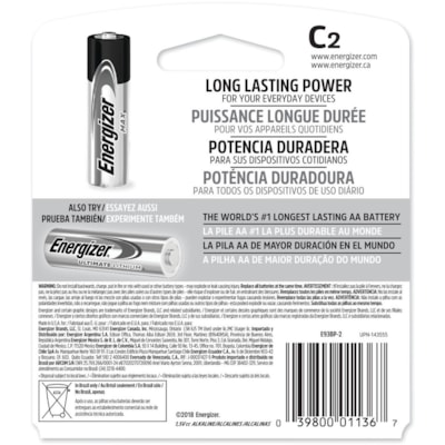 Energizer MAX Alkaline C Batteries, 2 Pack - For Toy, Flashlight, Radio - C - 8350 mAh - 1.5 V DC - 2 / Pack LONG LIFE ALKALINE 100% MERCURY FREE 1.5 VOLTS