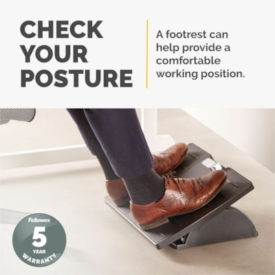 Fellowes Office Suites(tm) Adjustable Footrest with Microban® - 30° Tilt - Black, Silver - 1 Each FOOTREST W/MICROBAN PROTECTION 