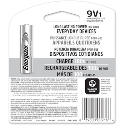 Energizer 9-Volt Recharge Batteries - For Multipurpose - Battery Rechargeable - 9V - 175 mAh - 8.4 V DC - 1 Each FED GOV'T 