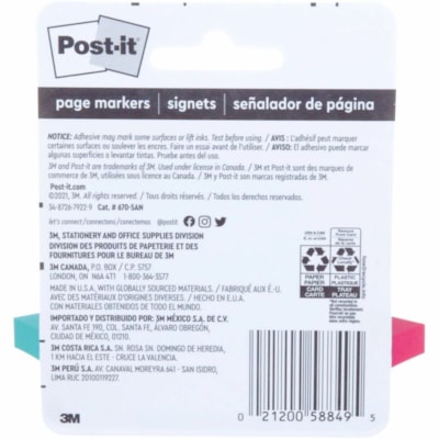 Post-it® - Signets - largeur de drapeau/note 1/2 po (12,70 mm) x longueur de drapeau/note 2 po (50,80 mm) - Rectangulaires - Non ligné - Assorti brillant - Papier - Amovible, Autocollant - 500 / emballage ASSORTED COLOURS 